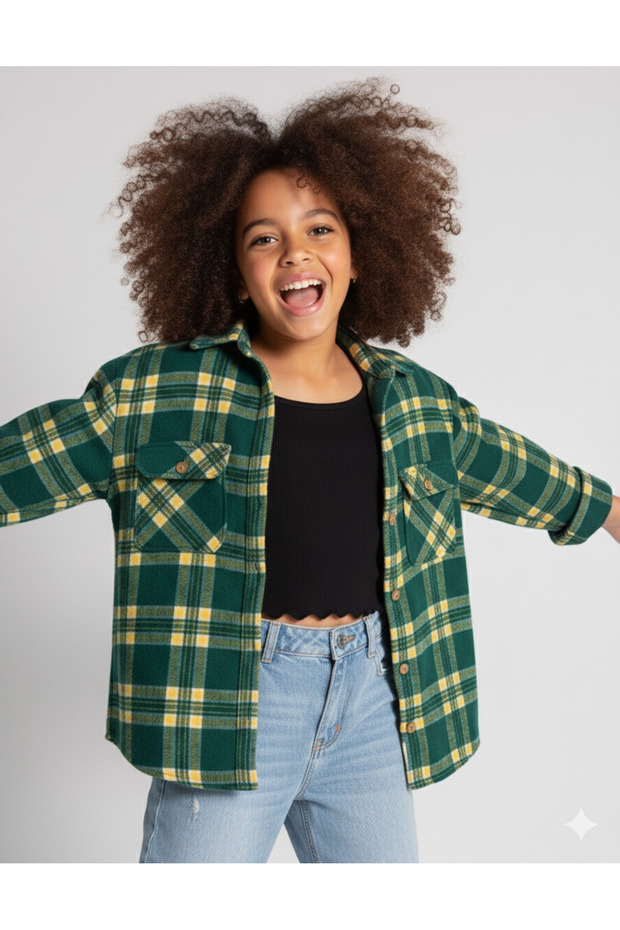 Girl's Plaid Patterned Lumberjack Shirt (Green)
