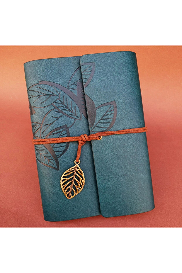 دفتر ملاحظات من الجلد بنمط أوراق الشجر باللون الأزرق البترولي - 1