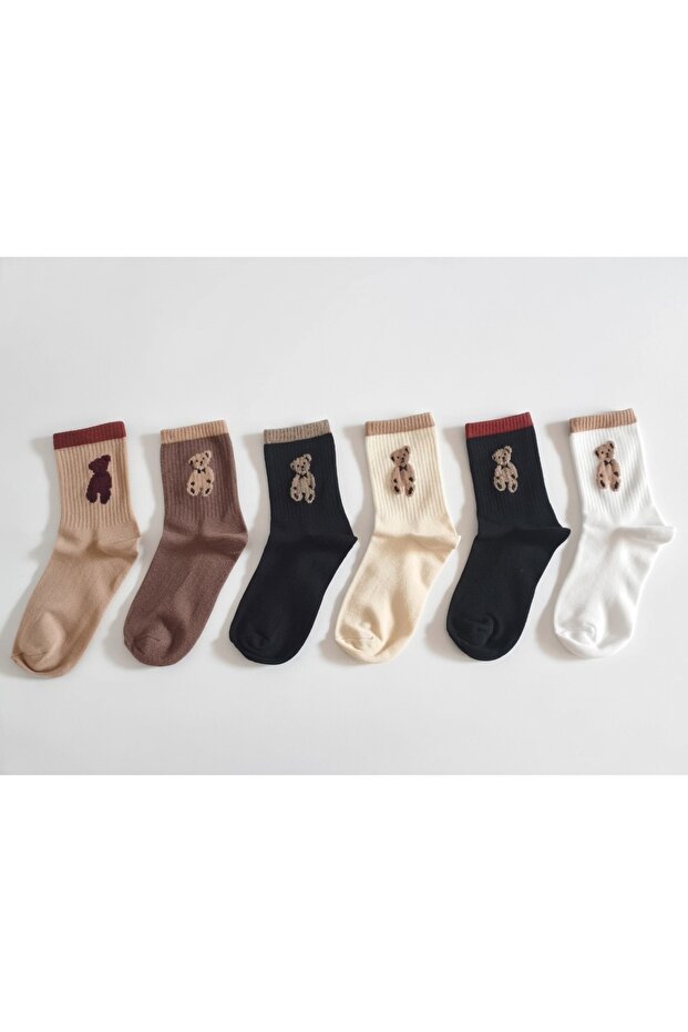 6 Pairs Economical Pack Teddy Bear Patterned Unisex College Tennis Socks Set