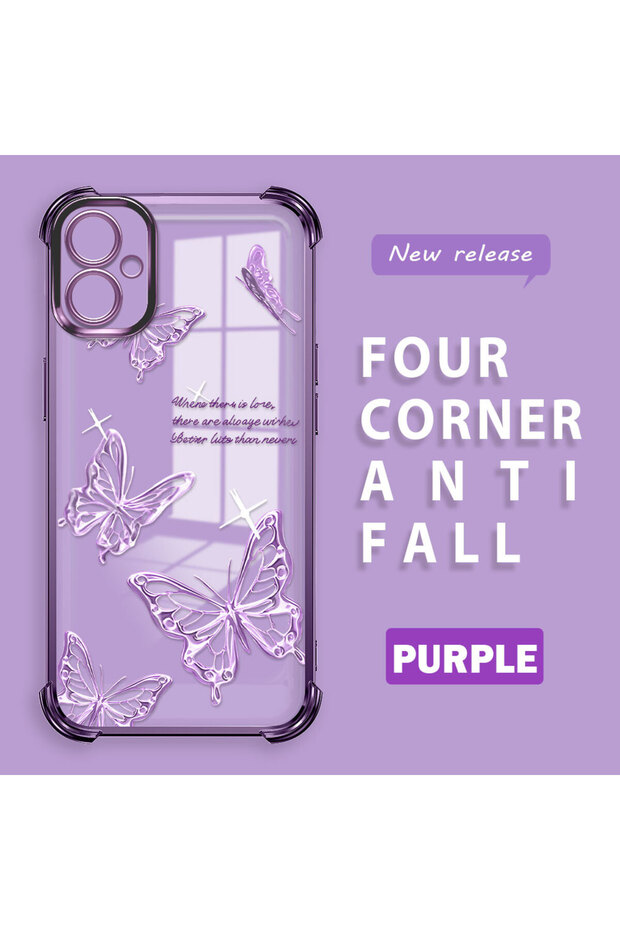 Samsung Galaxy A04E Compatible Transparent Four-Corner Silicone Coating Glossy Edge Case Butterfly Pattern