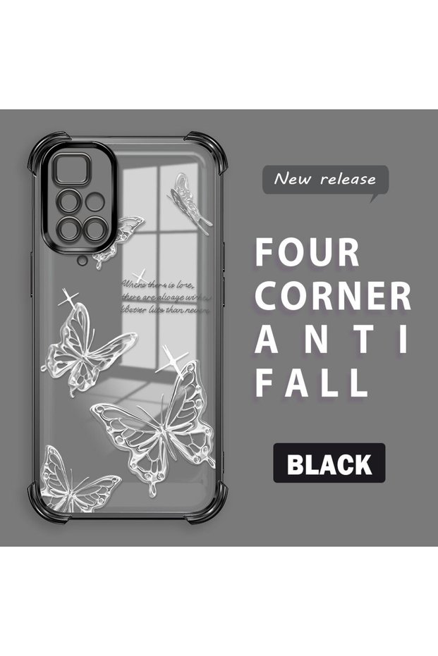 Redmi 10 2022 Compatible Transparent Four-Corner Silicone Cover Shiny Edge Case Butterfly Pattern