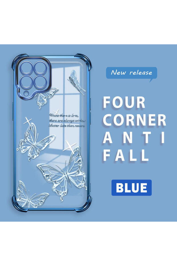 Samsung Galaxy M33 Compatible Transparent Four-Corner Silicone Cover Glossy Edge Case Butterfly Pattern