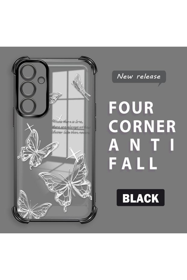 Samsung Galaxy A55 Compatible Transparent Four-Corner Silicone Coating Glossy Edge Case Butterfly Pattern