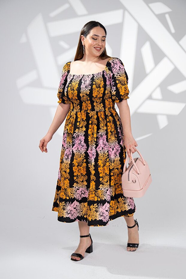 Plus Size Elastic Waist and Sleeves Dress Orange-Pink