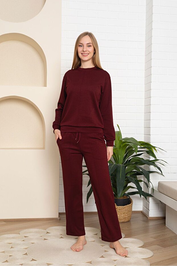 Burgundy Crew Neck Modal Lycra Set with Pockets