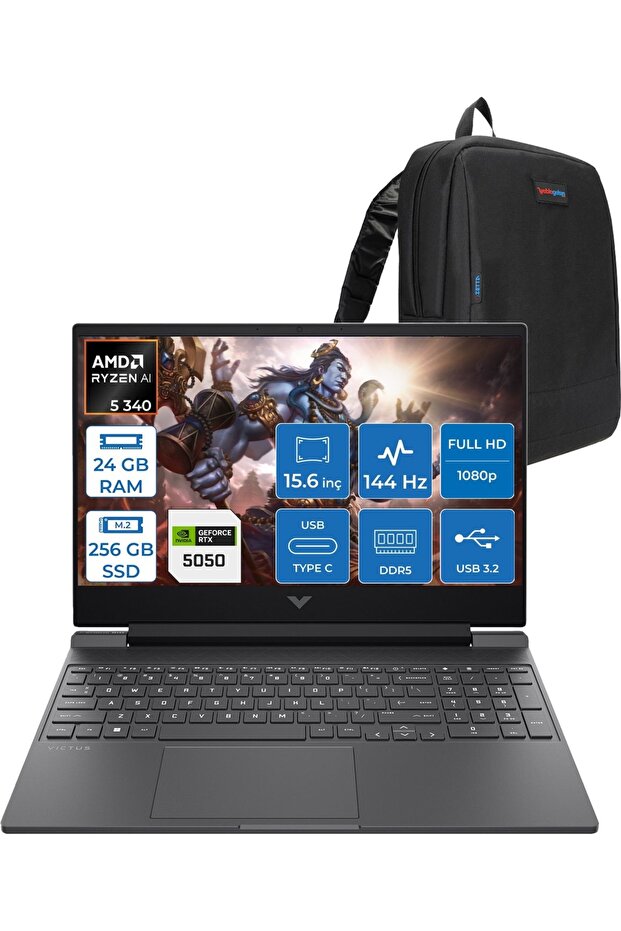 Victus 15-WFB3036NT Ryzen 5 Aı 340 24GB 256GB SSD FDOS 8gb RTX5050 15.6 Inç CA8E7EAF06+Zetta Çanta - 1