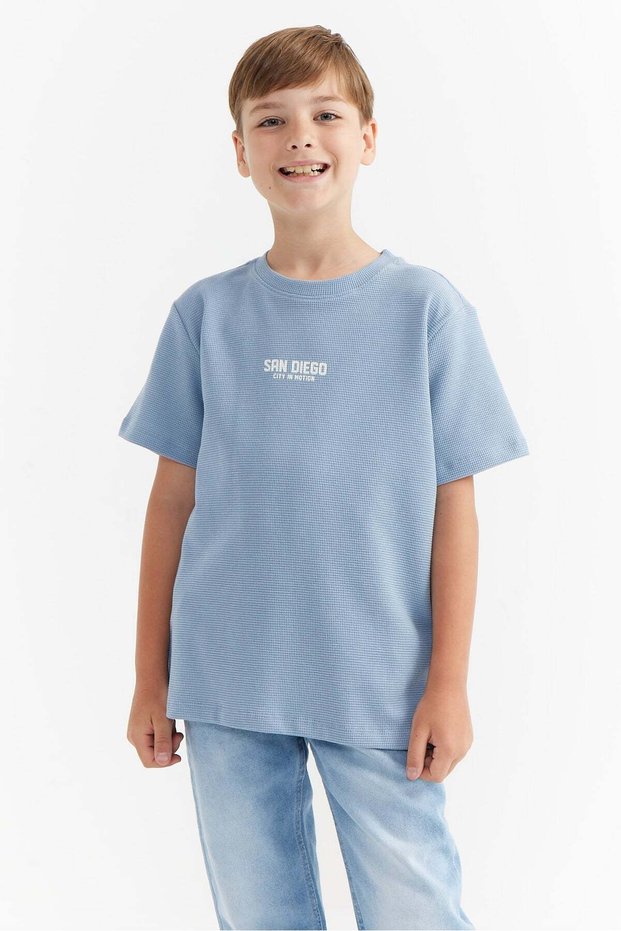 Men's Waffle Fabric T-Shirt with Letter Print Detail