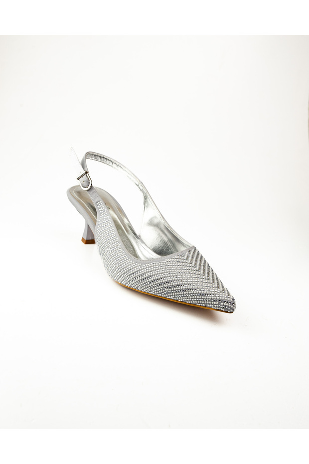 Alos 9515 Silver Stone Short Heeled Evening Dress Women's Shoes