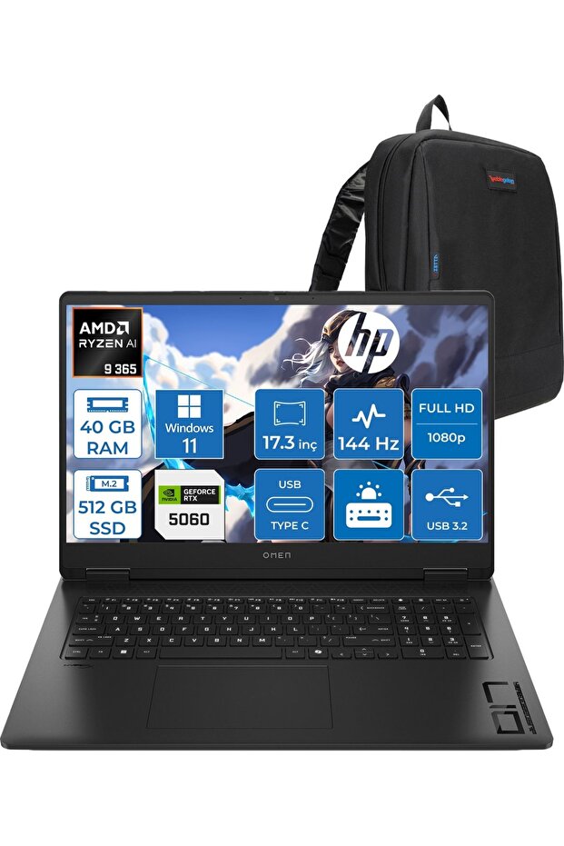 Omen 17-DB1022NT Ryzen 9 365 40GB 512GB SSD W11HOME RTX5060 8gb 17.3 Inç 7ms CD5N2EAH19+Zetta Çanta - 1