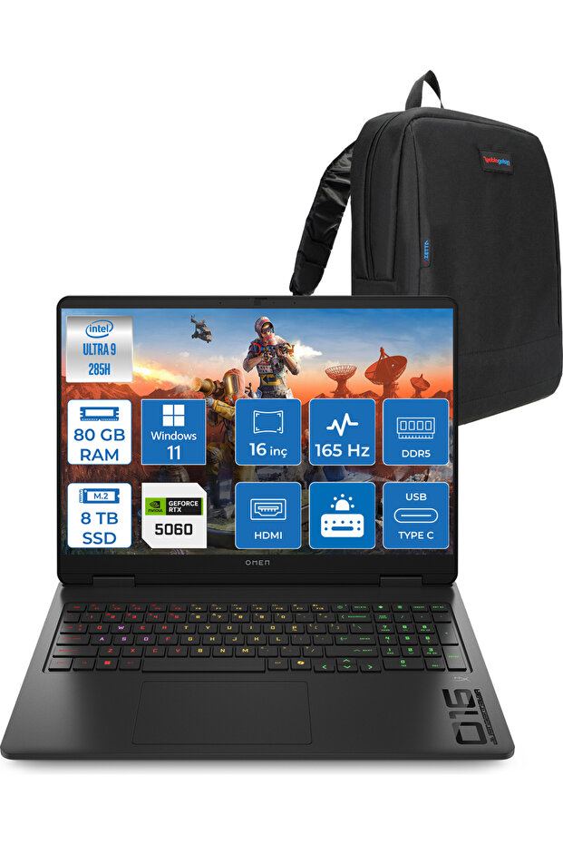 Omen Slim 16-AM0000NT Ultra 9 285H 80GB 8tbSSD RTX5060 8gb 16Inç 165Hz W11PRO BQ3Z2EAP42+Zetta Çanta - 1