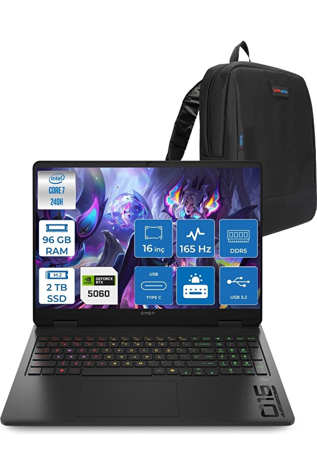 Omen W16-AM0017NT 7 240H 96GB Ddr5 2tb SSD FDOS RTX5060 8gb 16 Inc IPS 165HZ WBQ1Z0EAF53+Zetta Çanta - 1