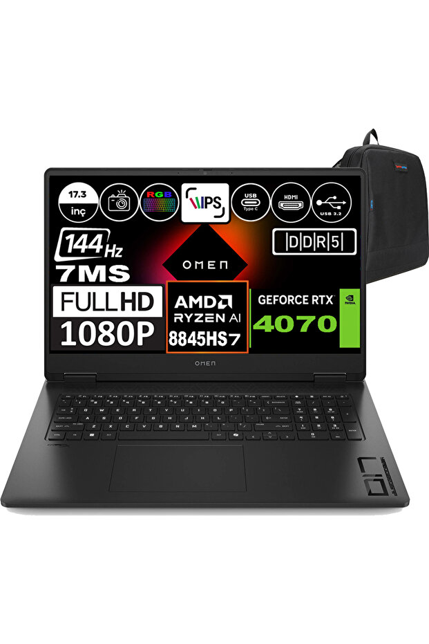 Omen 17-DB0019NT Ryzen 7 8845HS 64GB 4tb SSD 8GB-RTX4070 17.3 Inç W11HOME A44QQEAH06+Zetta Çanta - 1