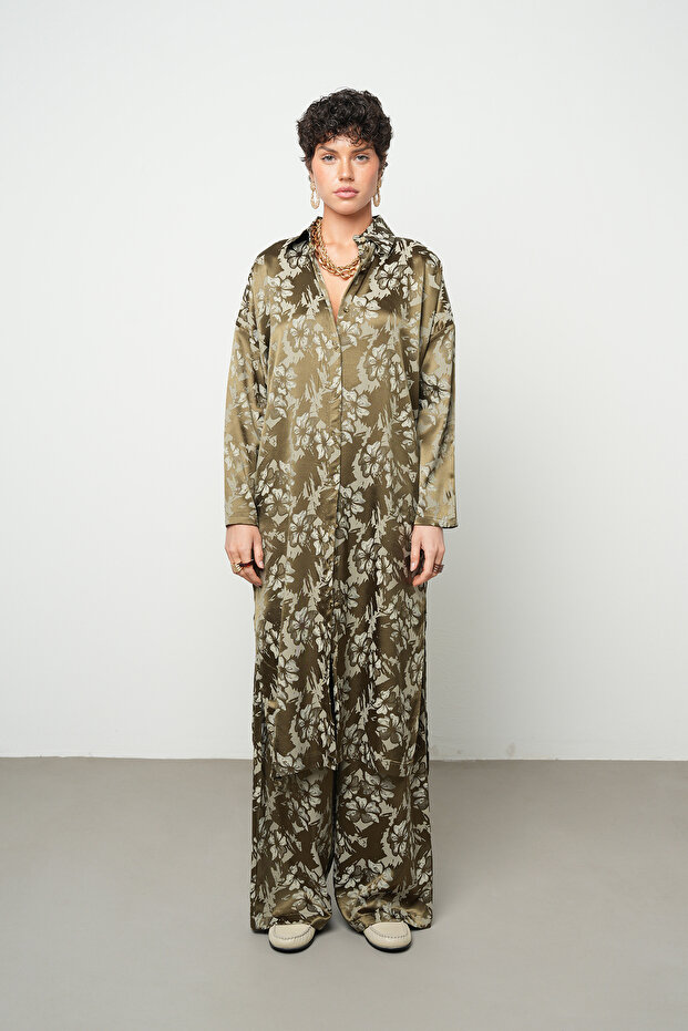 Women's Botanika Khaki Large Floral Patterned Silky Satin Look Long Tunic Shirt