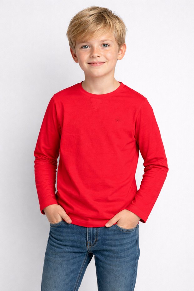 Boy's T-Shirt Long Sleeve Red T-Shirt with Collar Detail and Logo