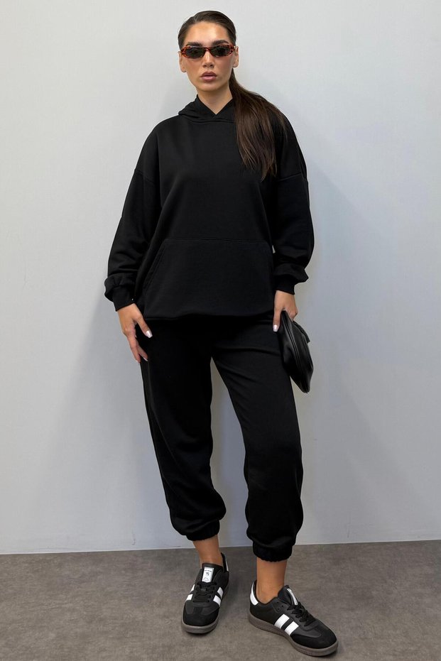 Black Hooded Women's Tracksuit Set Mg1225