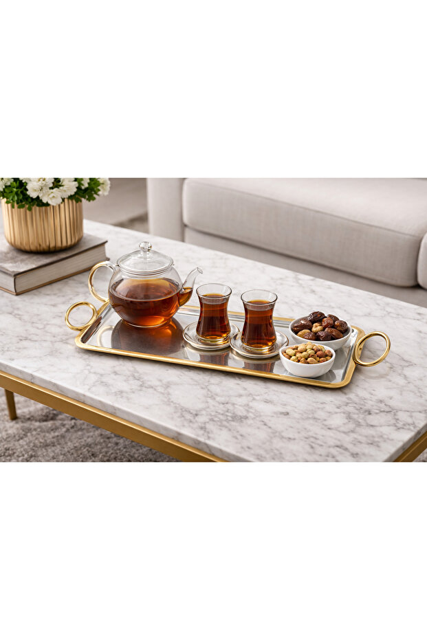 🥂 تبسي ضيافة وتقديم متعدد الاستخدام – تصميم فاخر باللونين الفضي والذهبي | 38×18 سم ✨