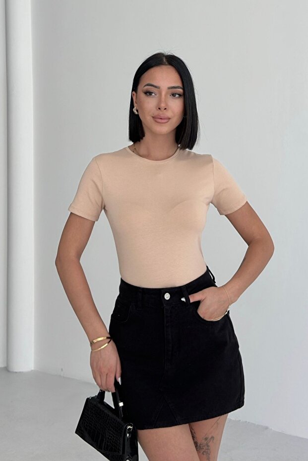 Women's Beige Crew Neck Short Sleeve Body Shaping / Sculpting Fit Stretch Fabric Basic
