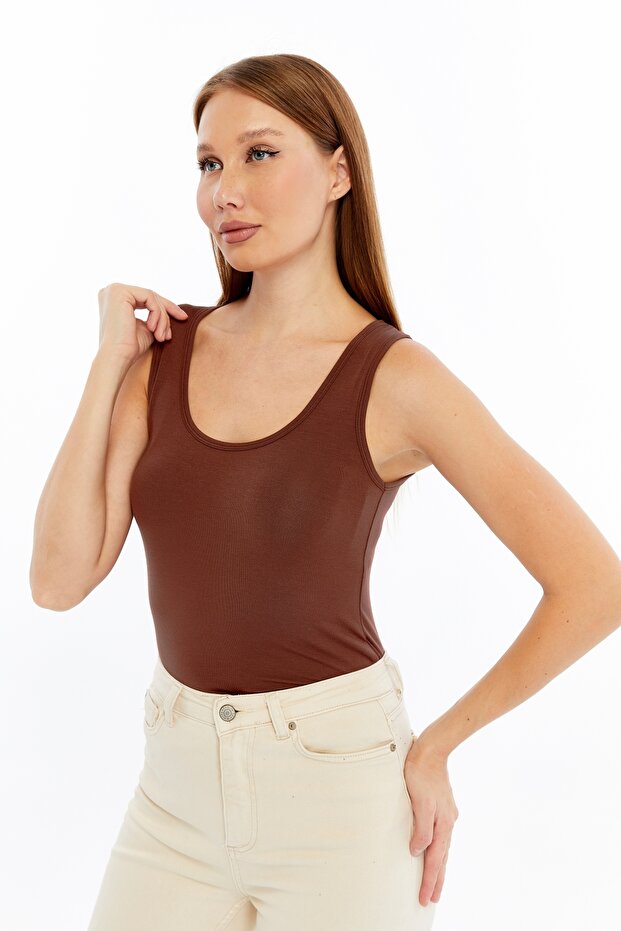 Kadın Kahverengi Kalın Askılı Basic Atlet - 4