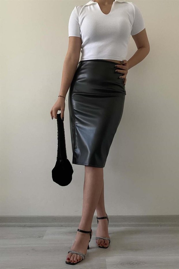 Women's Faux Leather Fleece-Lined Midi Length Slit Pencil Skirt