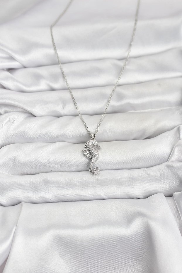 Silver Color Sea Horse Figured Zircon Stone Women's Necklace (316L Steel)