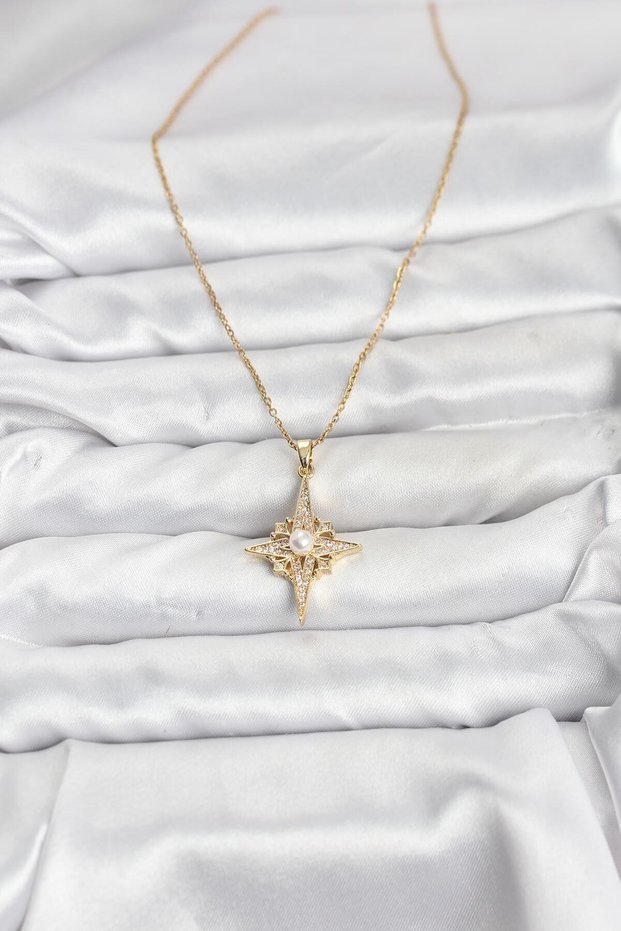 Gold Color Women's Necklace with Polar Star Figure and Zircon Stone (316L Steel)