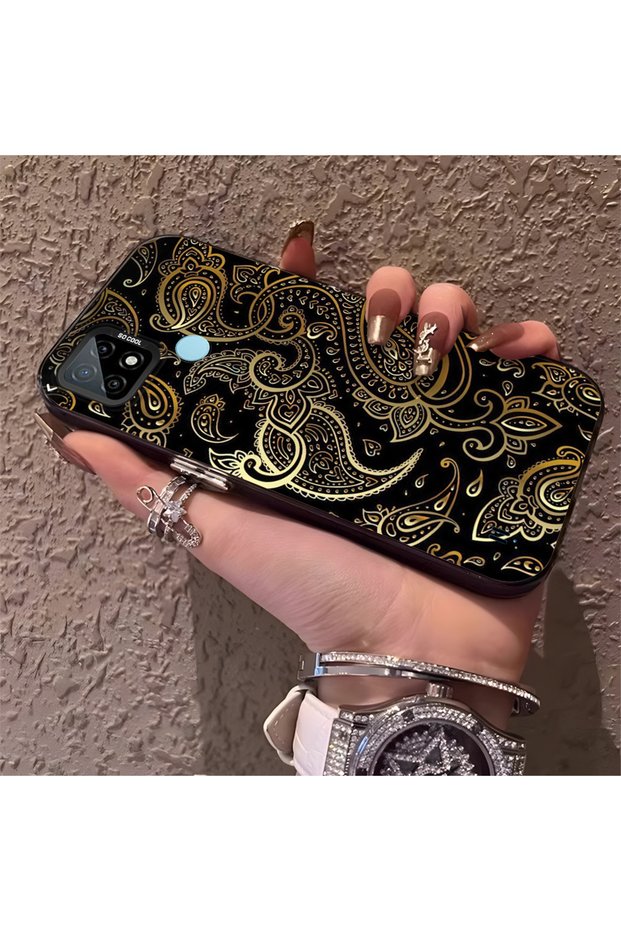 Silicone Edge Hard Back Phone Case Compatible with Realme C21 Retro Patterned