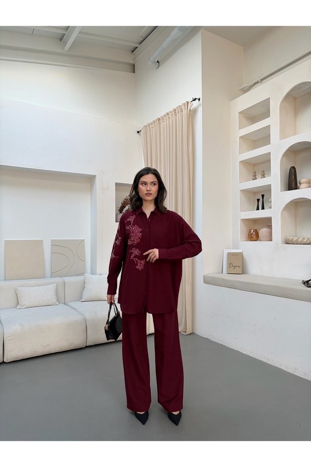 Women's Shirt with Beaded Embroidery on Front and Sleeves, Pants and Shirt Set
