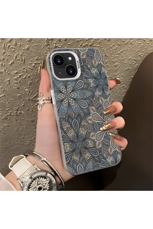 Silicone Edge Hard Back Anti Fall Phone Case Carved Pattern Compatible with iPhone 15 Plus