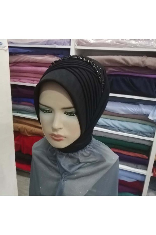 Black Sim-Free Model with Accessories, Ready-Made Turban, Ready-Made Shawl, Evening Dress Shawl, Veil