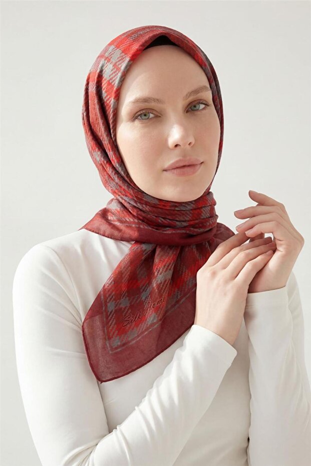 Viscose Velora Scarf Plaid Patterned Dark Red Tok Duruşlu Four Seasons 90X90