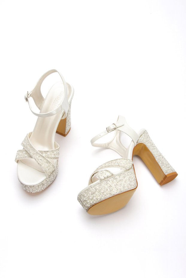 Women's Pearl and Stone Embellished Platform Heeled Wedding Dress Evening Dress Shoes