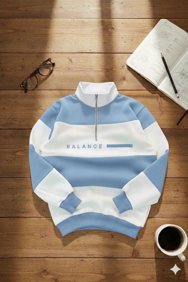 Unisex Polo Collar Zippered Balance Printed Baby Blue White Sweatshirt