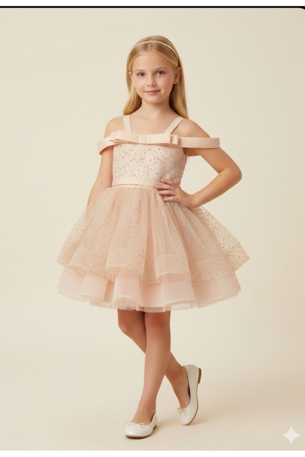 Girl's Strap Bow Decoration Lined Satin over Tulle Back Elastic Evening Dress