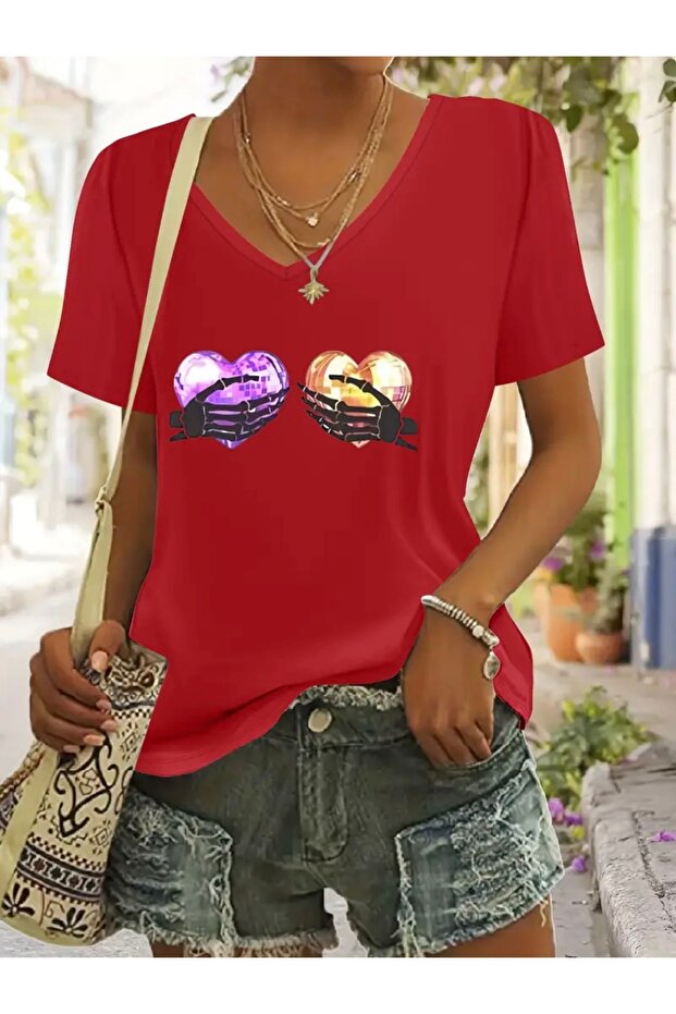 Skeleton Heart and Hand Printed Women's Oversize V-Neck T-Shirt