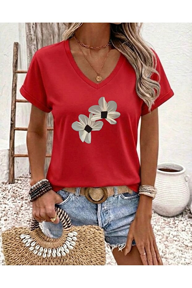 Flower Patterned Printed Women's Oversize V-Neck T-Shirt