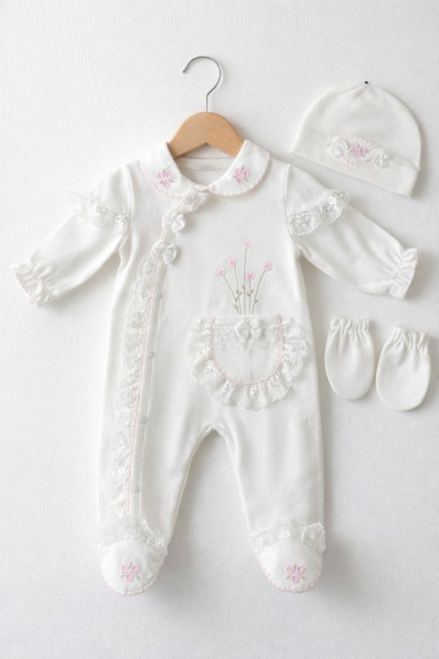 Lace Floral Embroidered Baby Girl Jumpsuit Beanie Glove Set