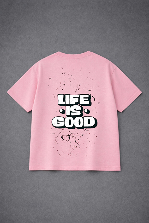 تي شيرت قصة فضفاضة للجنسين 100% قطن بقصة مريحة مطبوع عليه LIFE IS GOOD