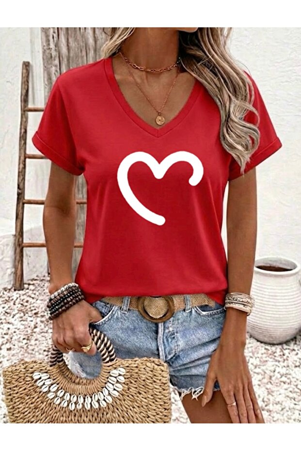 Half Heart Printed Women's Oversize V-Neck T-Shirt