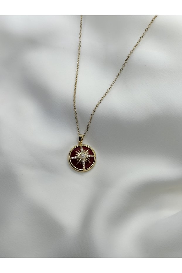 Burgundy Round Women's Necklace with Polar Star Detail | Stainless Steel