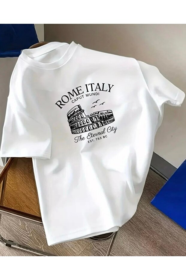 تي شيرت برقبة دائرية كبير الحجم مطبوع عليه ROME ITALY