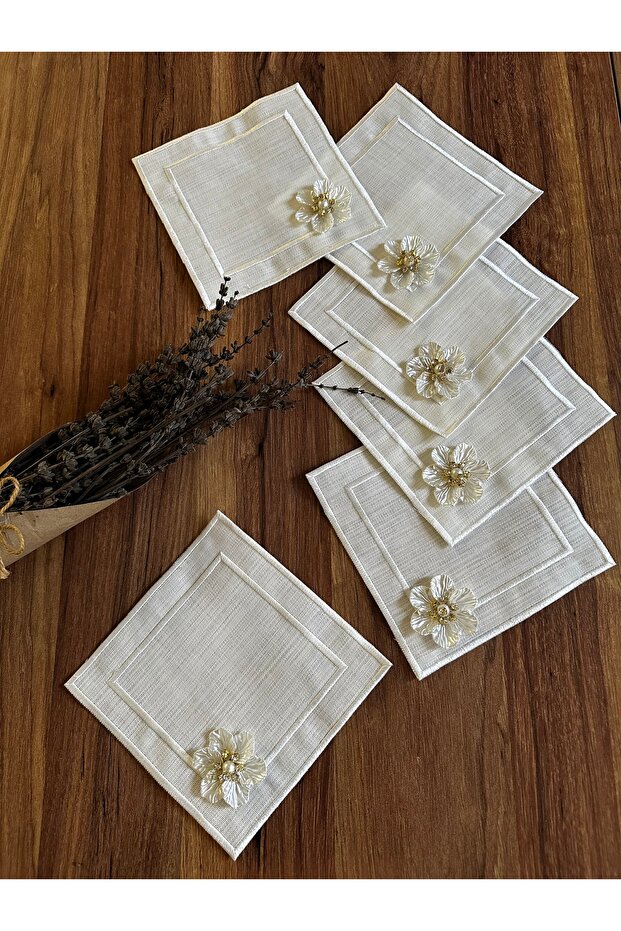 6 Pieces Double Row Embroidered Brooch Square Cocktail Presentation Napkins