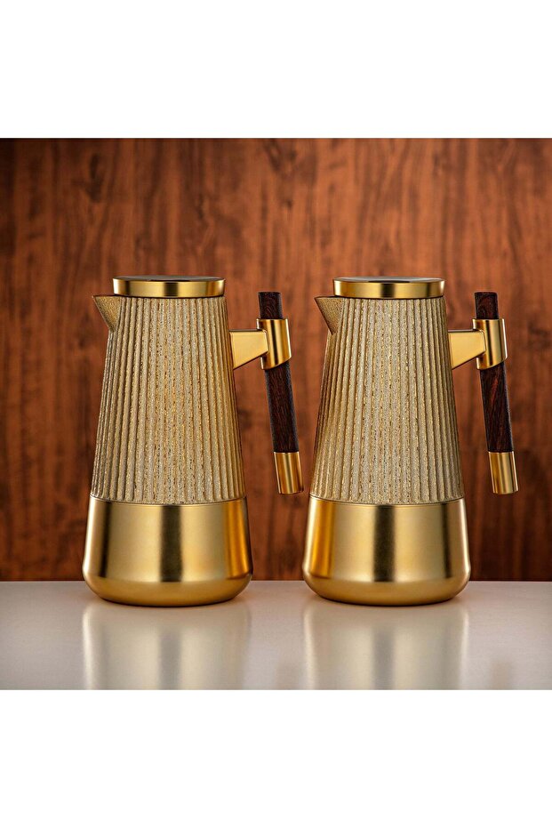 Vacuum Flask Set 1 L + 1 L Matt Gold & Matt Dark Wood