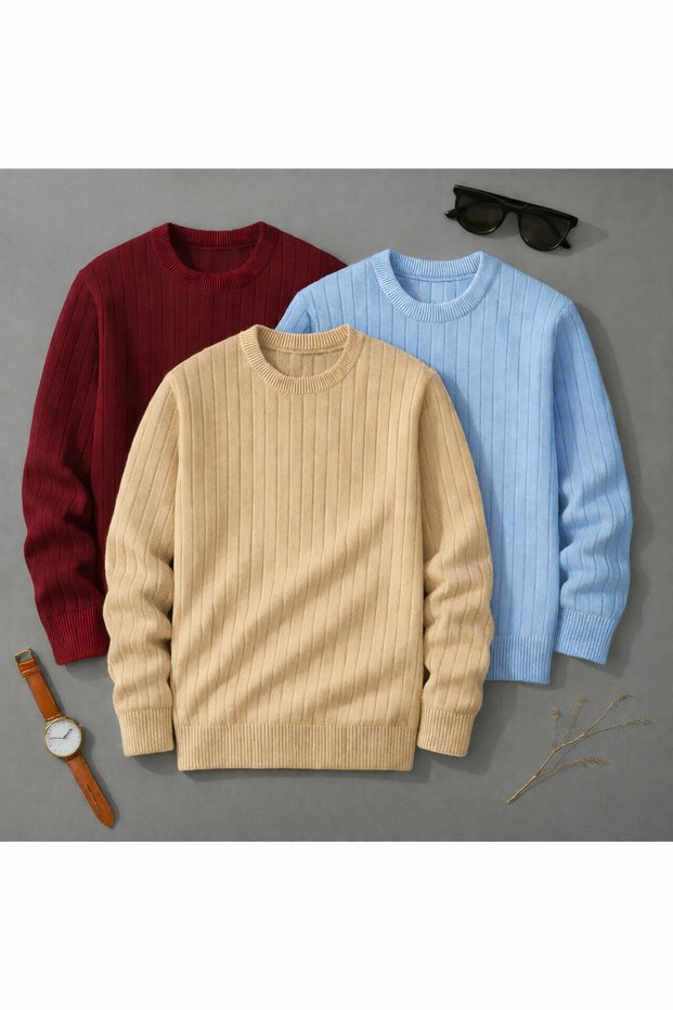 3-Piece Men's Knitwear Sweater Set – Ribbed Texture, Premium Knitted Quality, Economical Price Advantage