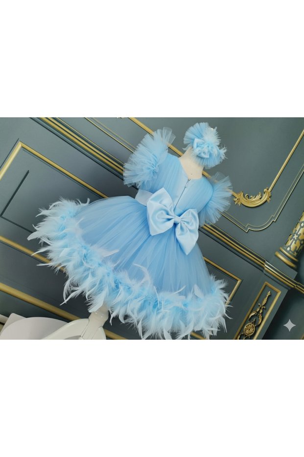 Girl's Blue Feathered Dress, Girl's Evening Dress, Buckle Included