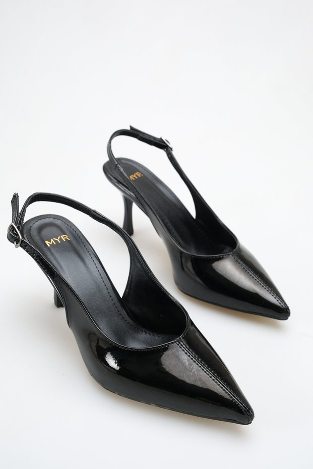Women's Pointed Toe Stitched Detailed Heeled Shoes Black Patent Leather