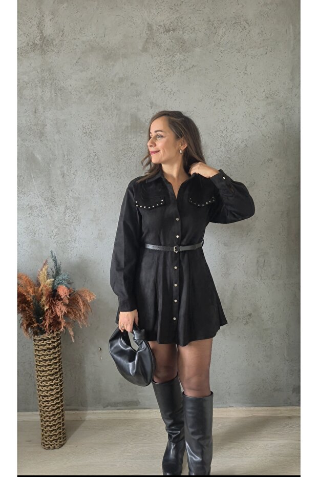 Kemerli Süet Elbise - 1