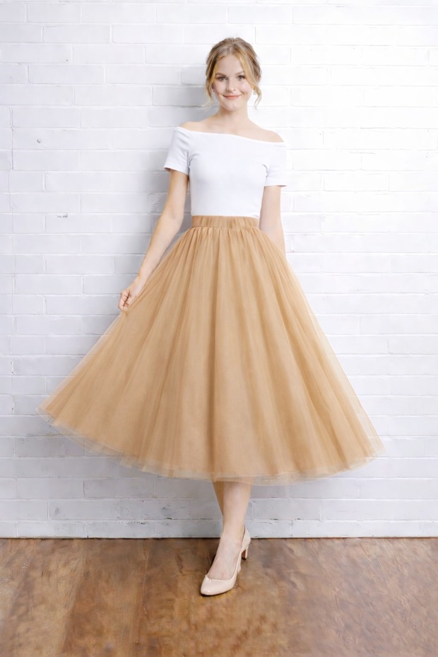 Tan 3 Layer 75 cm Length Midi Puffy Zippered Elastic Waist Comfortable High Waist Tulle Skirt