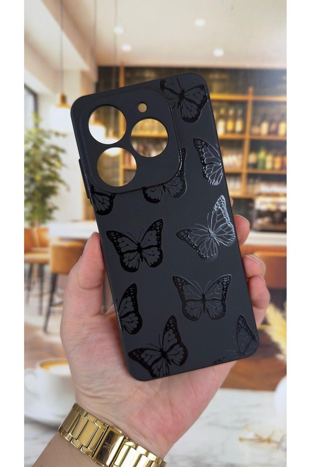 Tecno Spark 20/20C Compatible Black Butterfly Patterned Silicone Shock-Absorbing Classic Protective Rubber Case
