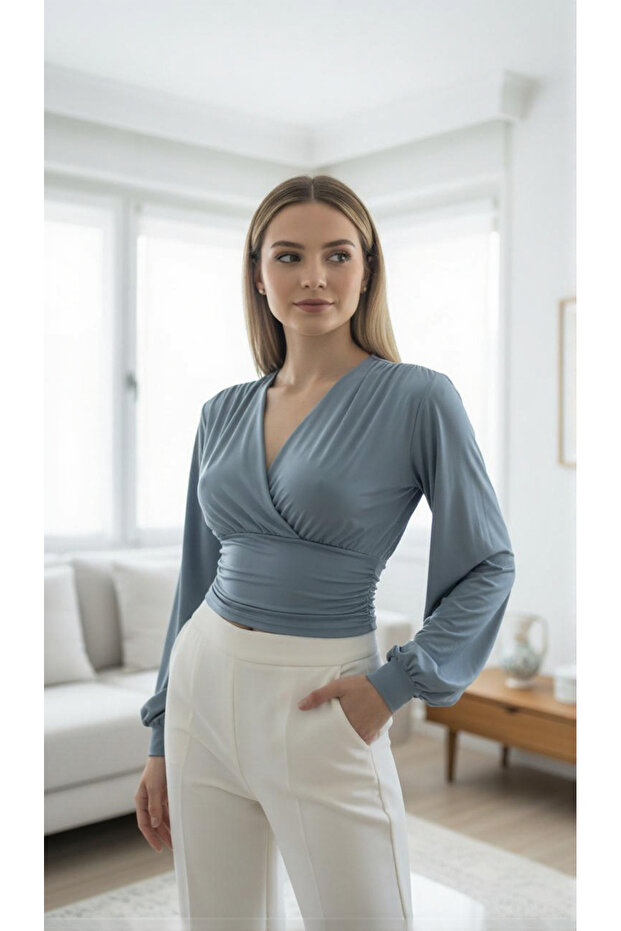 Daily elegant long balloon sleeve above waist Stretch Fabric blouse bady