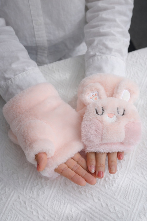 Sevimli Tavşan Figürlü Peluş Eldiven - 2